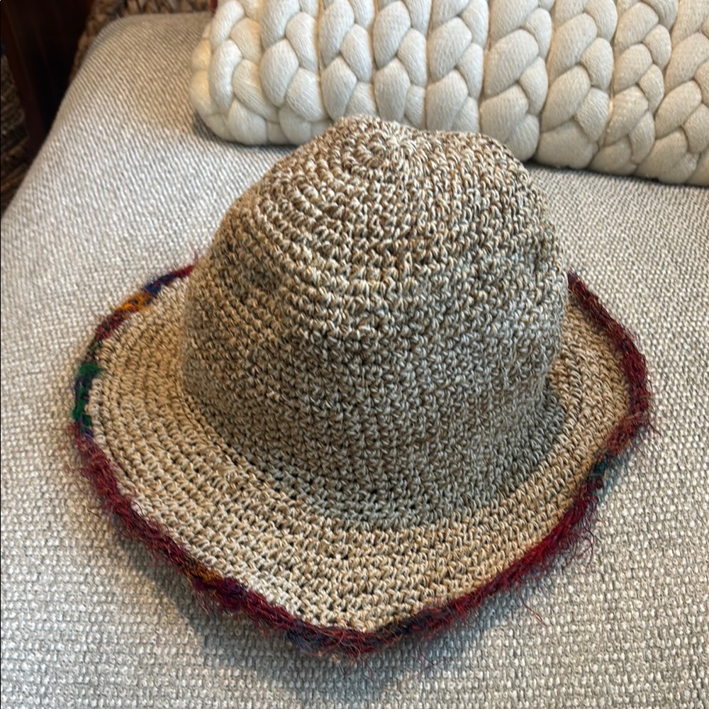 Womens Tan Hemp &  Cotton Woven Hat with Red Trim